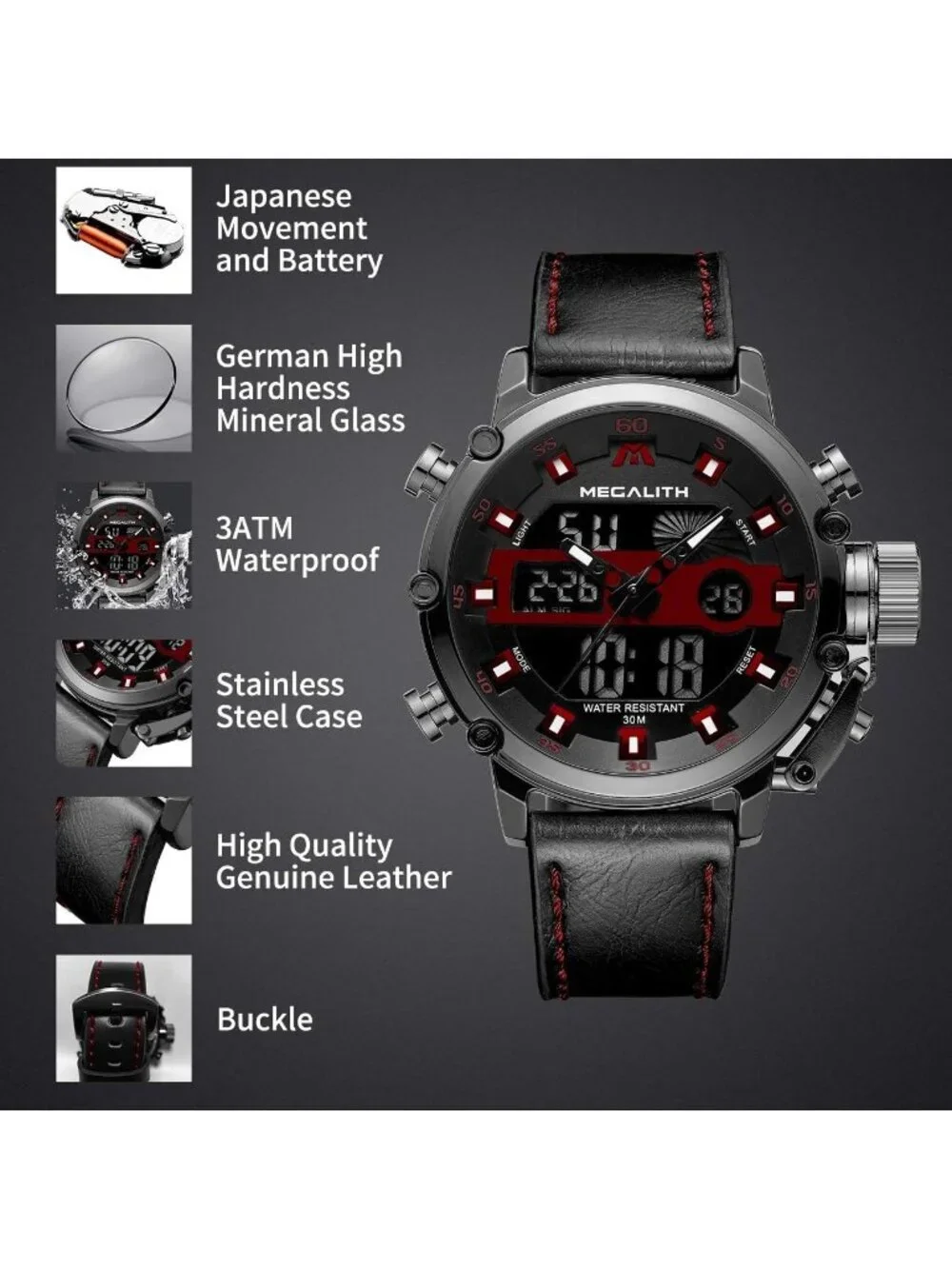 Men's Black And Red Analog Leather Strap Waterproof Multifunction Digital Watch